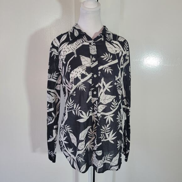 Talbots Size M Cotton Button Front Shirt Tropical Panther Black White Collared - Picture 2 of 9